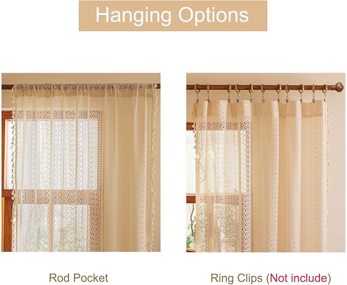 Sutuo Home Beige Boho Vintage Lace Curtains 108 inches Long for Dining Room Living Room, Rustic Semi Sheer Curtains Farmhouse Privacy Crochet Tassels Victorian Style Rod Pocket Decor, 2 Panels 50" W