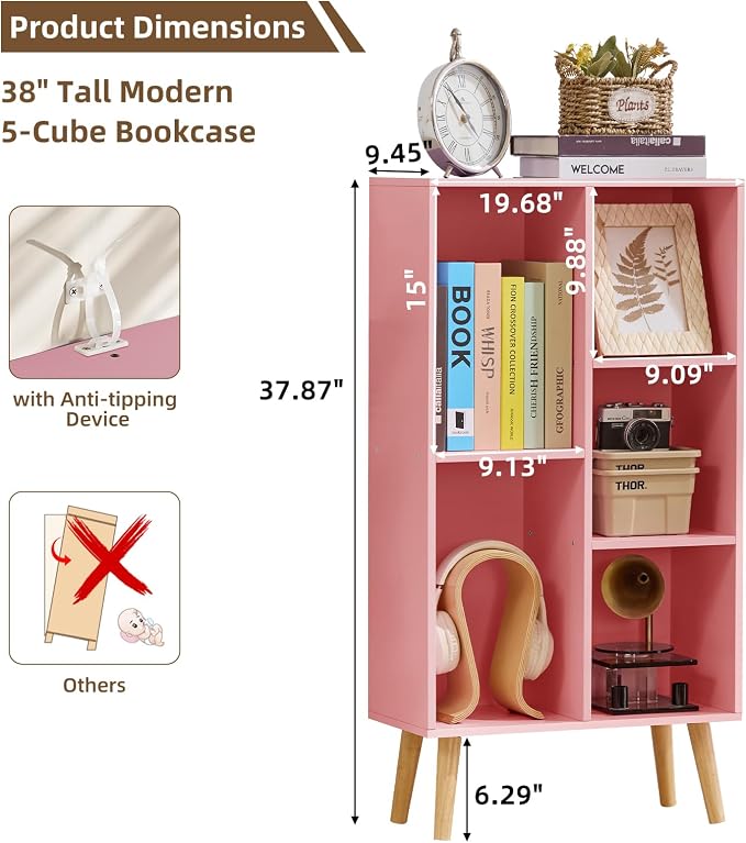 LEYAOYAO 5 Cube Bookshelf,Mid-Century Modern Bookcase with Legs,Light Pink | 3 Tier Book Shelf,Rustic Wood Bookshelves Freestanding Small Storage Organizer, Open Shelves for Bedroom, Living Room, Office