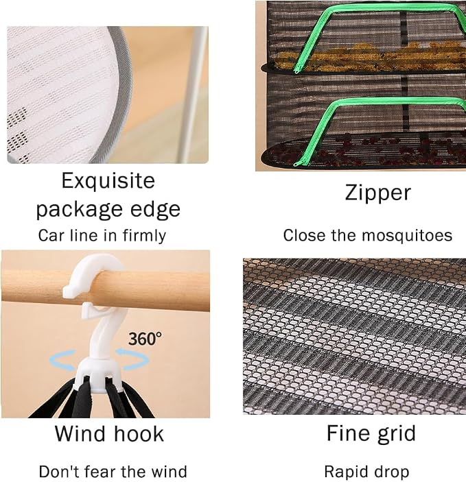 Foldable Drying Net for Vegetables, Fish, and Dehydrated Goods, Multi-Tiered Food Drying Net, Versatile Drying Rack, Windproof Design, Zipper Closure for Insect Protection 3Layer Black