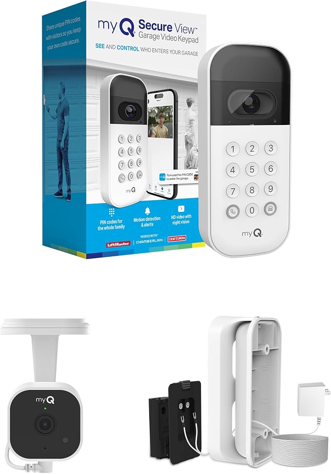 myQ Smart Garage Starter Kit: Garage Door Video Keypad + Wired Power Adapter Kit + Wi-Fi Plug-in 2K Camera, Custom PIN Codes, Wide-Angle Lens, Night Vision, 2-Way Audio, Motion Alerts and App Control