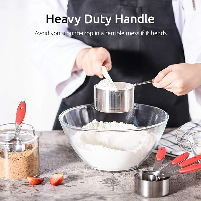 U-Taste 10 Piece Measuring Cups and Spoons Set in 18/8 Stainless Steel, and 18/8 Stainless Steel 3.9 inch 30 Mesh Strainer (Red)