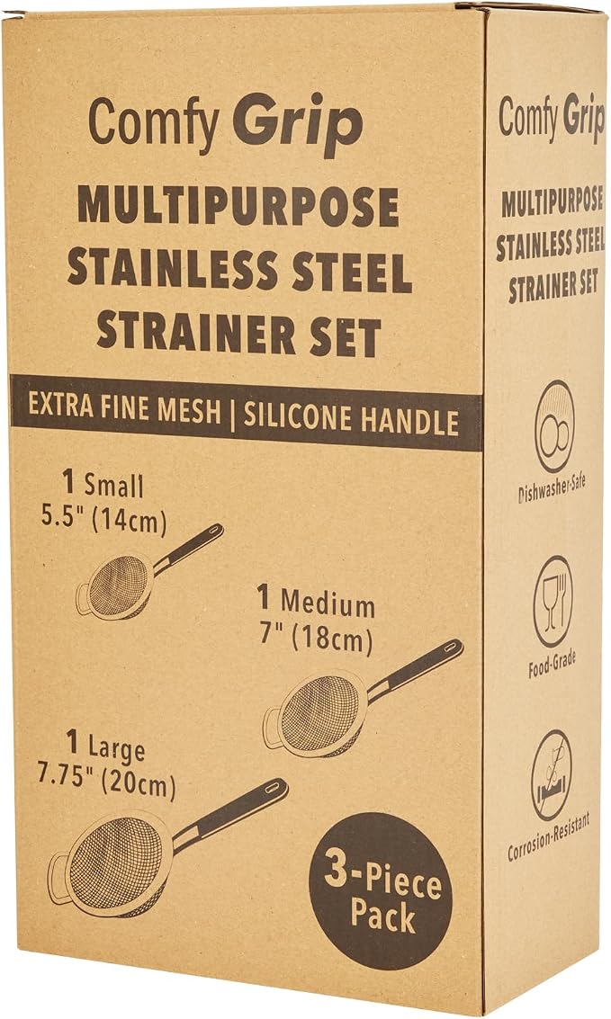 Restaurantware Fine Mesh Strainer Set of 3 Different Sizes with Silicone Handle Stainless Steel Extra Fine Mesh Strainer Heat-Resistant Handle Dishwasher-Safe for Rice, Quinoa, Pasta