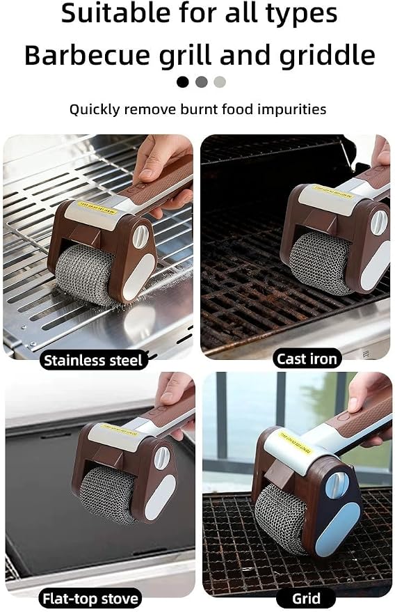 Cordless Electric Grill Cleaner with 2 Interchangeable Brush Heads, 350 RPM Rechargeable BBQ Scrubber with Bristle-Free Stainless Steel Roller + Bristle Brush for All Grills Black Gold