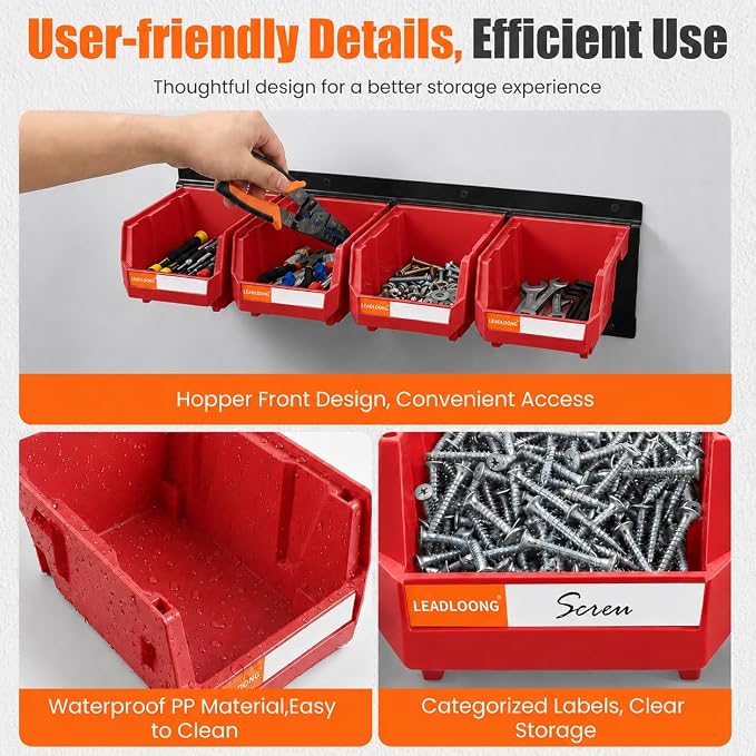 16pc Wall-Mounted Storage Organizer Set with Metal Rails Red | Heavy duty tool organization box with metal rails. Ext 5"x4"x3" for garage screws nuts bolts.