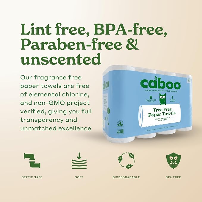 Caboo Tree Free Paper Towels, Sustainable, Toxin Free, 8 Family Size Rolls | Made with 100% Bamboo, Responsibly Sourced, Organically Grown, Chemical Free, Paraben Free, BPA Free, Hypoallergenic