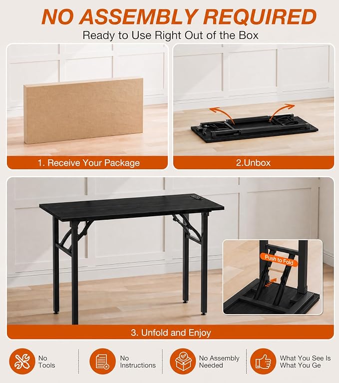 XBurmo Small Folding Desk Folding Table, No Assembly Foldable Desk Gaming Desk, 43.3-Inch Computer Table Workstation with 2 AC Outlets and 2 USB Ports for Bedroom and Home Office, Dark Oak