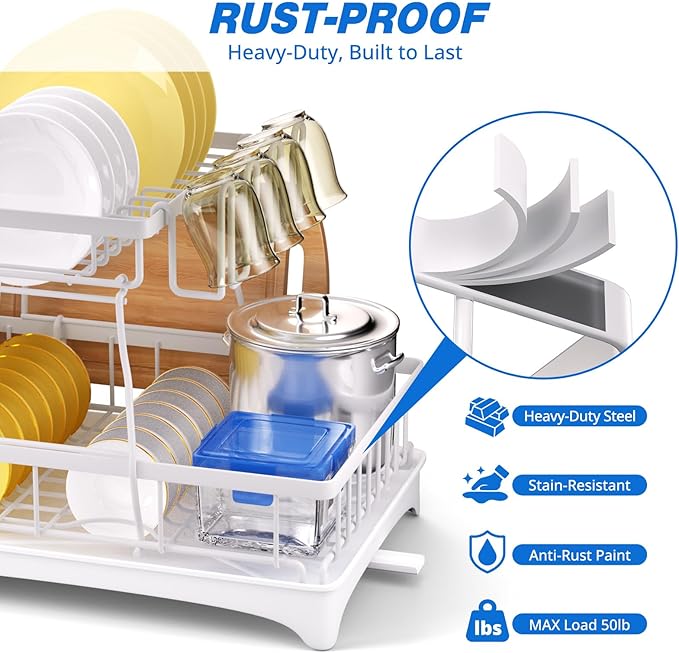 Godboat 2-Tier Dish Drying Rack - Dish Rack with Auto Drain-to-Sink & Mat | Dish Racks for Kitchen Counter, Dish Drainer with Knife Fork & Cup Rack, Gifts for Women, Mothers Day, Kitchen Gadgets, White