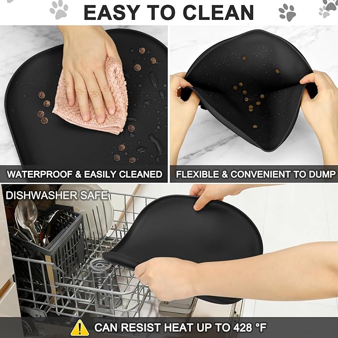 SMILOOL Waterproof Silicone Pet Food Mat with Raised Edge for Dog & Cat | 12" x 12" Non-Slip Small Pet Feeding Mats with Lip for Food & Water Bowl, Food Grade, Easy Cleaning, Black