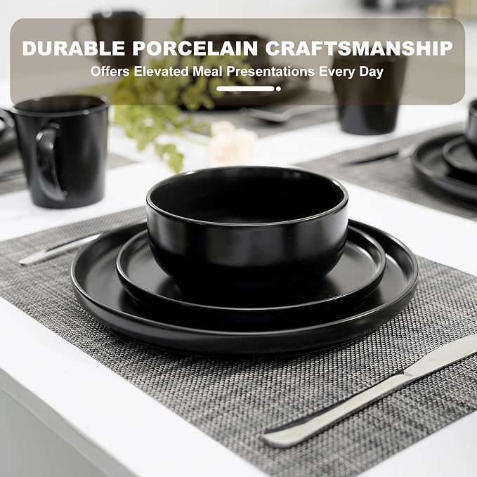 EWFEN 16-Piece Ceramic Dinnerware Sets with Mugs for 4, Black Plates and Bowls Set with Classic Design, Scratch Resistant Dishes Set, Dishwasher & Microwave Safe