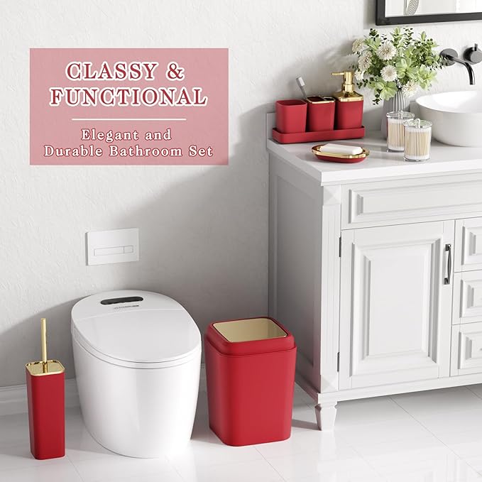 XLHOMO Bathroom Set, 9PC Bathroom Accessory Set, Burgundy Bathroom Accessories, Burgundy Bathroom Set, Trash Can, Soap Dispenser for Home Decor