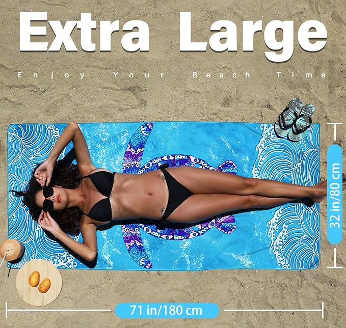 Widdonen Microfiber Beach Towel,Compact 71x32 Inch,Lightweight,Turtle | Extra Large,Sand Free,Thin,Absorbent,Quick Dry for Camping,Hiking,Swim,Pool,Bath,Picnic,Gym,Cruise Essentials,Adult Gifts