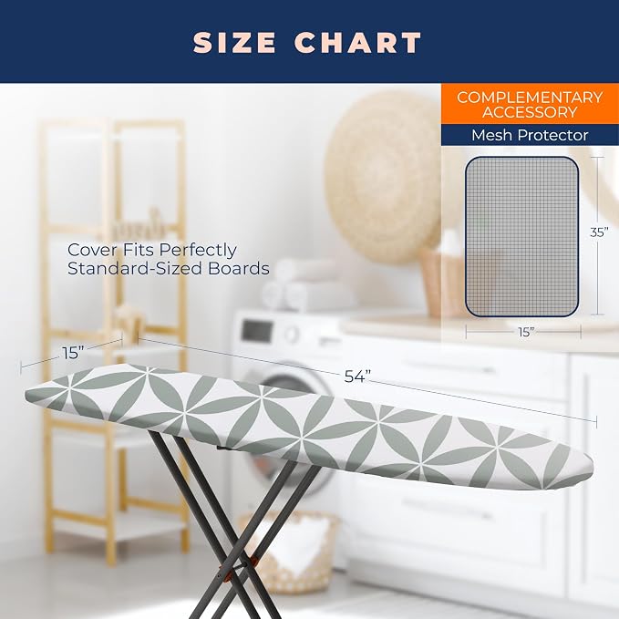 Ironing Board Cover and Pad Extra Thick Heavy Duty Padded 4 Layers Non Stick Scorch and Stain Resistant 15x54 and 3 Fasteners Elastic Edge with Bonus Protective Scorch Mesh Cloth