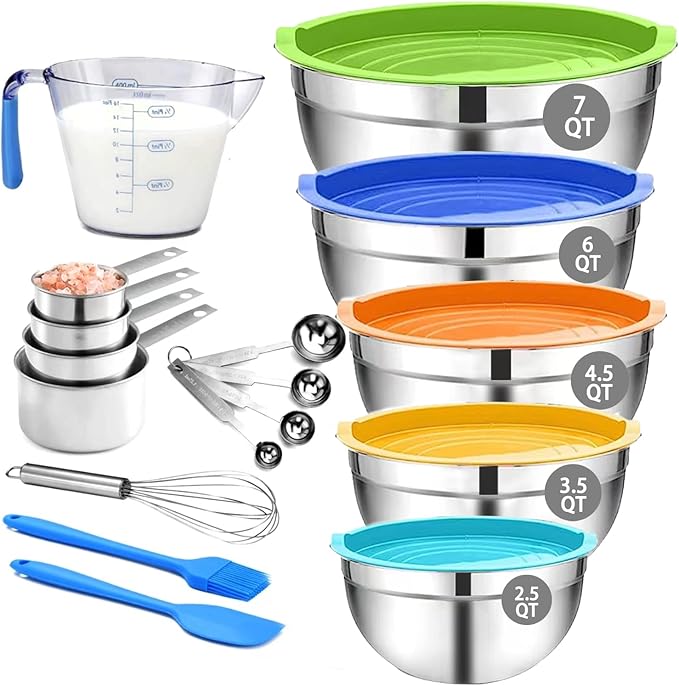 MIKULA Mixing Bowls Set, 22PCS Large Stainless Steel Mixing Bowl with Lids Set, Large Nesting Bowls 7/6/4.5/3.5/2.5QT, Measuring Cups and Spoons Baking Storage Metal Bowl for Kitchen Prep Supplies