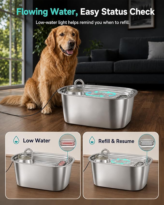 3 Gallon Stainless Steel Dog Water Fountain for Large Dogs, 11L Automatic Pet Water Dispenser with 2 Filters, Top-Fill Water-Level Window and Quiet Pump for Multiple Pets