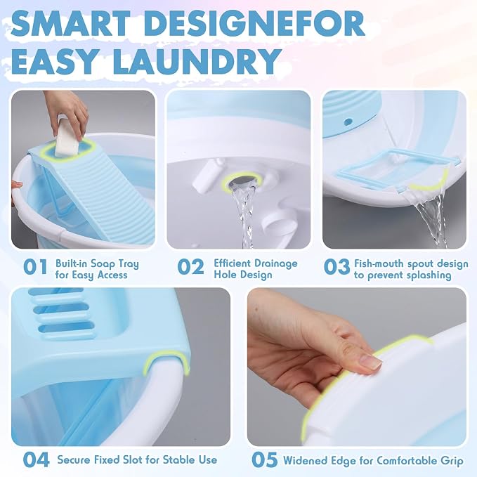 Lounsweer Large Collapsible Washboard Basin for Hand Washing Clothes with 2 Cleaning Brushes Portable Folding Laundry Tub with Non-Slip Washtub for Home Travel Camping (Blue)