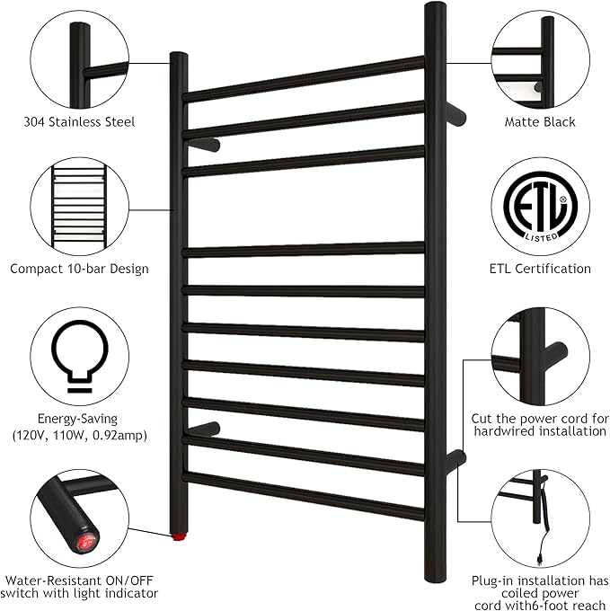 HEATGENE Towel Warmer, Compact Electric Towel Warmer for Small Bathroom, Wall-Mounted Electric Towel Racks, Plug-in/Hardwired Electric Towel Rails - Matte Black