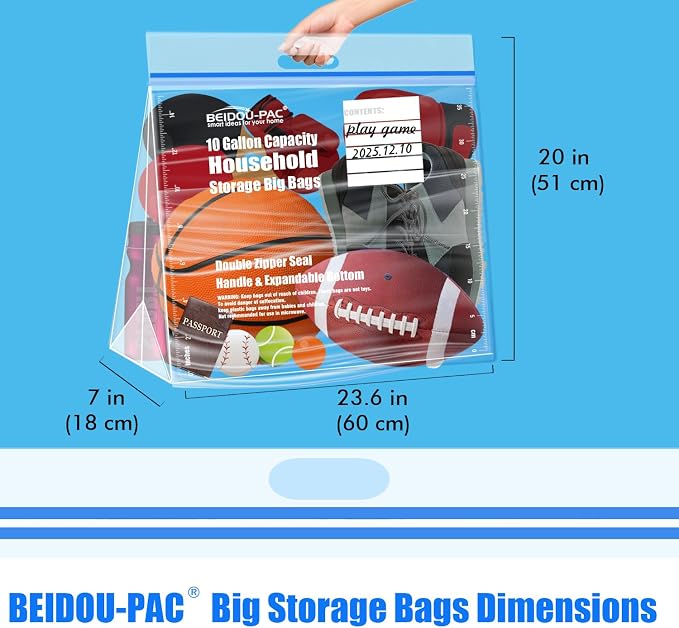 BEIDOU-PAC 10 Gallon Large Storage Bags with Handle, 50 Counts | Double Zipper Seal | Expandable Bottom, Resealable Clear zip Bags for Home, Travel, Moving Commercial and Outdoor