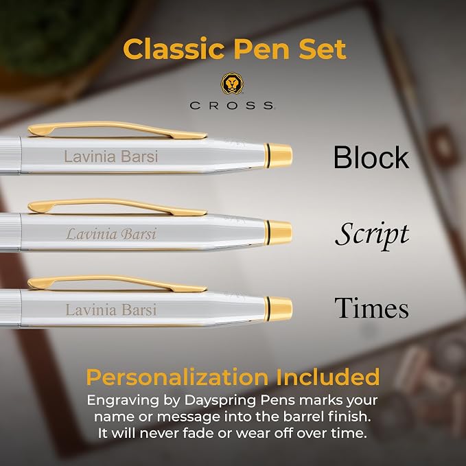 Cross Classic Century Medalist Engraved Ballpoint Pen and Pencil Set, Chrome with 23K Gold Trim, Twist Action, Personalized Gift for Graduation, Retirement, Career Advancement, Cross Gift Box