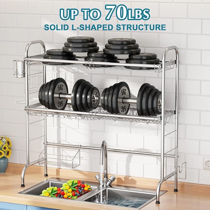 HOWDIA Stainless Steel 2-Tier Over The Sink Dish Drying Rack with Utensil Holder, Large, for Kitchen Counter | Stainless Steel, Cutlery Holder & Chopping Board Rack, for Kitchen Counter