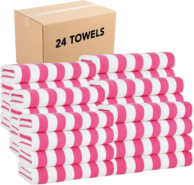 Arkwright California Cabana Stripe Beach Towel Bulk - Case of 24, Large Soft Quick Dry Cotton Terry Towels Set for Pool, Swim, and Hot Tub, Oversized 30 x 70 in, Pink