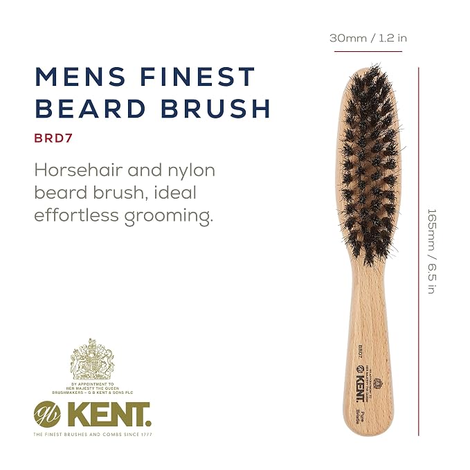 Kent BRD7 Horsehair and Nylon Blend Soft Beard Brush for Men for Flawless Shaping and Grooming, Ergonomic Grip Beechwood Handle, for Mustache and Beards, Distributes Oils and Balms. Made in England