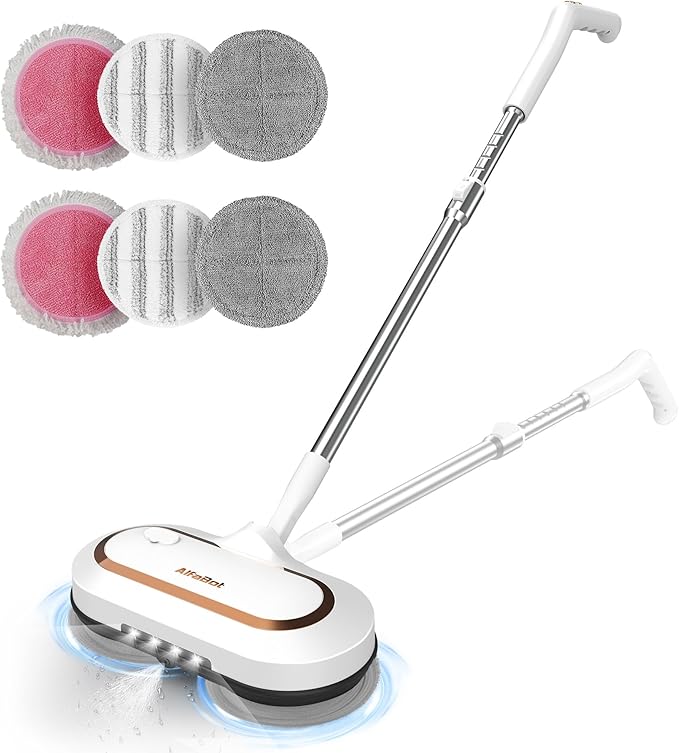 AlfaBot Cordless Electric Mop for Floor Cleaning, Dual Spin with LED Headlight, Water Spray, Long-Lasting Battery, Self-Propelled Floor Cleaner with Adjustable Tube for All Floors