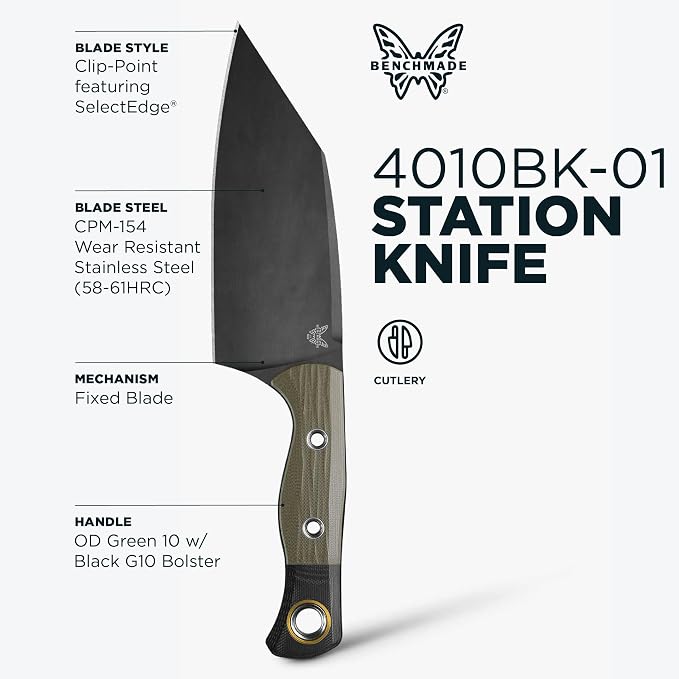 Benchmade Station Knife Kitchen Knife, CPM-154 Steel Blade (4010BK-01) | OD and Black handle with black bolster, Clip-Point blade