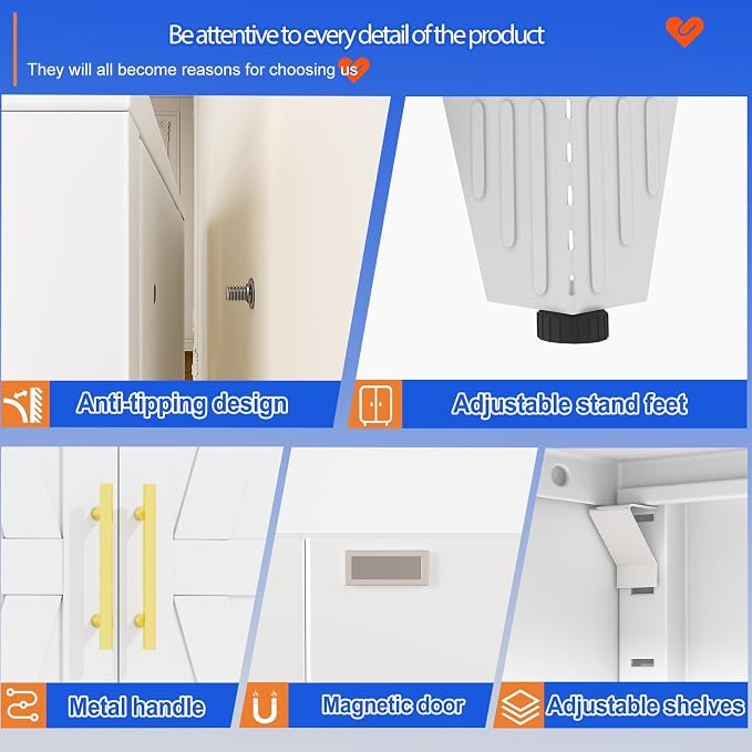 GAIOUS 71" Tall Kitchen Pantry Cabinet,Metal Storage Cabinet White Cupboard | Steel Office Cabinet, Freestanding Bookcase with 2 Doors and 4 Adjustable Shelves, Bathroom Kitchen Home Garage Tool Cabinet