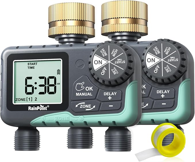 RAINPOINT Sprinkler Timer for Garden Hose - 2 Pack Brass Intel Hose Timer Rain Delay/Manual Watering/Automatic Irrigation for Yard Lawn