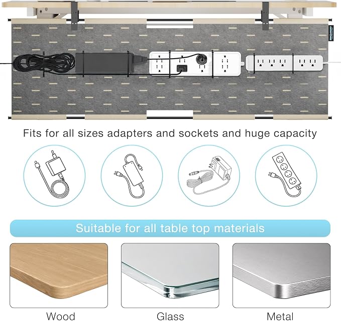 No Drill Under Desk Cable Management Tray, 30" Felt Cord Organizer | Clamp or Screw Mount, Converts to Privacy Panel, Pegboard Design, Wire Management for Standing Desk & Home Office