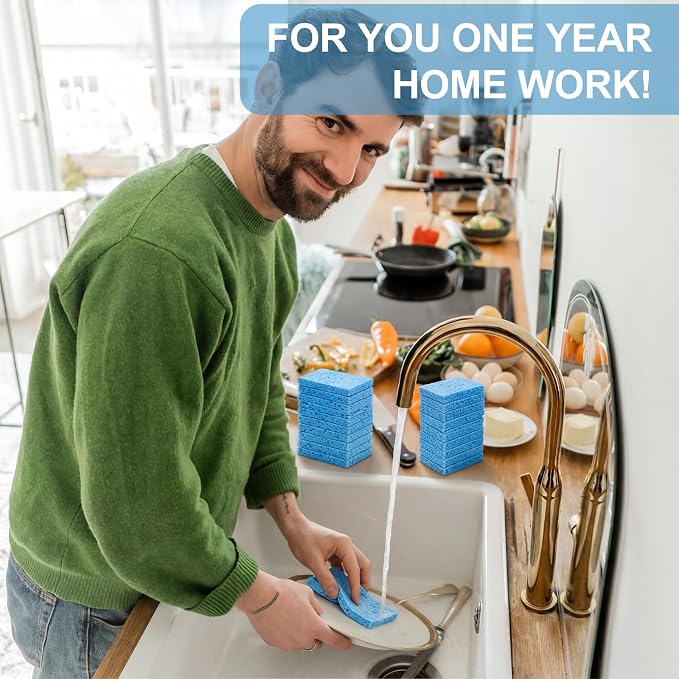 Zhengmy 48 Pieces Sponges Bulk Sponges Kitchen Compressed Sponge Natural Dish Sponge Compressed Wood Pulp Cleaning Without Scratching for Kitchen Bathroom, 3.9 x 2.4 x 0.12 Inch (Blue)