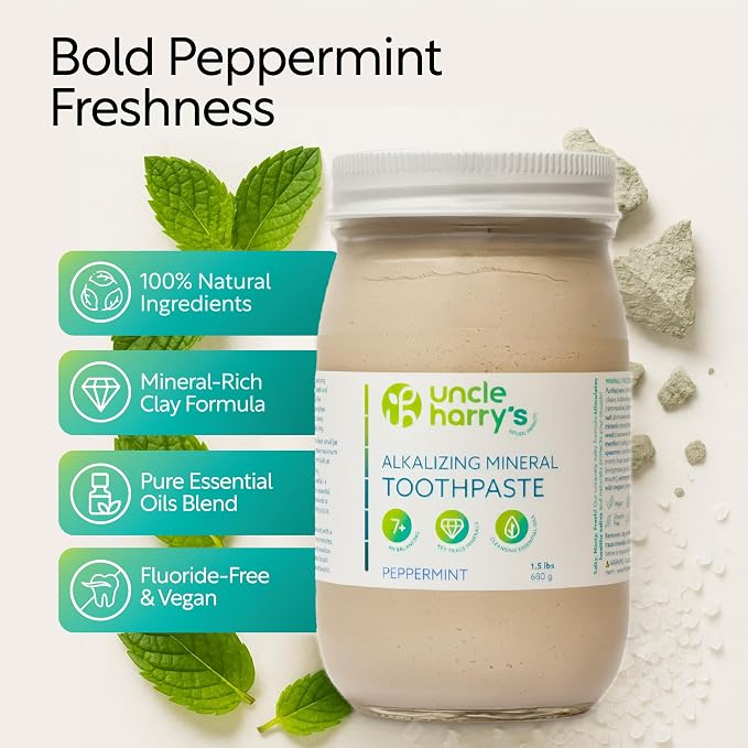 Uncle Harry's Peppermint Remineralizing Toothpaste 1.5 lb Jar | Natural Whitening Tooth Paste Freshens Breath & Promotes Enamel | Vegan Fluoride Free Toothpaste