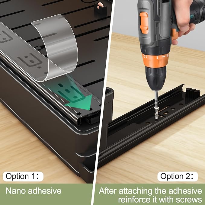 2 Pack Pull Out Cabinet Organizers Expandable (11.6''-17.5''), Plastic Slide Out Drawers for Kitchen, Bathroom, Pantry, Under Sink Storage, Pull Out Drawers Fixed with Adhesive Nano Film (Black)