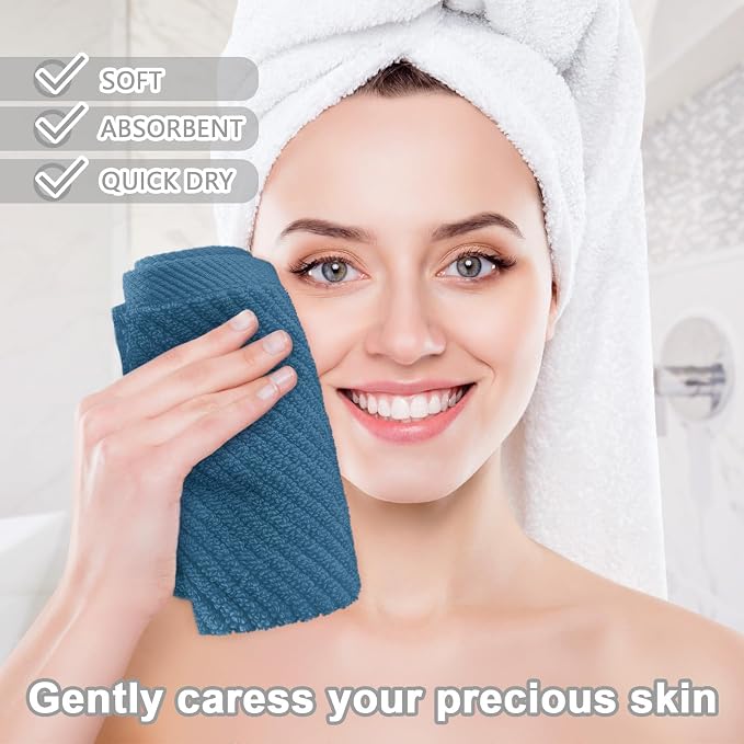 VOOVA & MOVAS Washcloths 6PC, 100% Cotton, 13x13 in, Denim Blue | Thick, Quick Dry, Soft, Absorbent, Wash Cloths For Your Face And Body, Bathroom Essentials