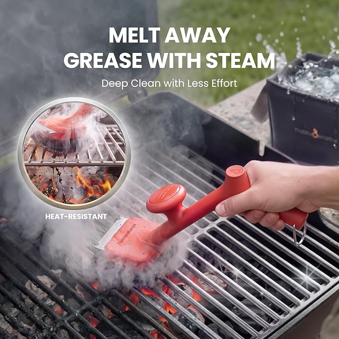ThermoMaven Bristle-Free BBQ Grill Brush - No Wire Risk Steam Cleaner Removes Burnt Grease Fast - 17" Cool-Touch Handle, Scraper & 3 Replaceable Heads for Gas, Charcoal & Cast Iron
