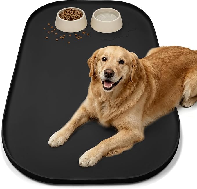 SMILOOL Waterproof Silicone Pet Food Mat with Raised Edge for Dog & Cat | 36" x 24" Non-Slip Large Pet Feeding Mats with Lip for Food & Water Bowl, Food Grade, Easy Cleaning, Black