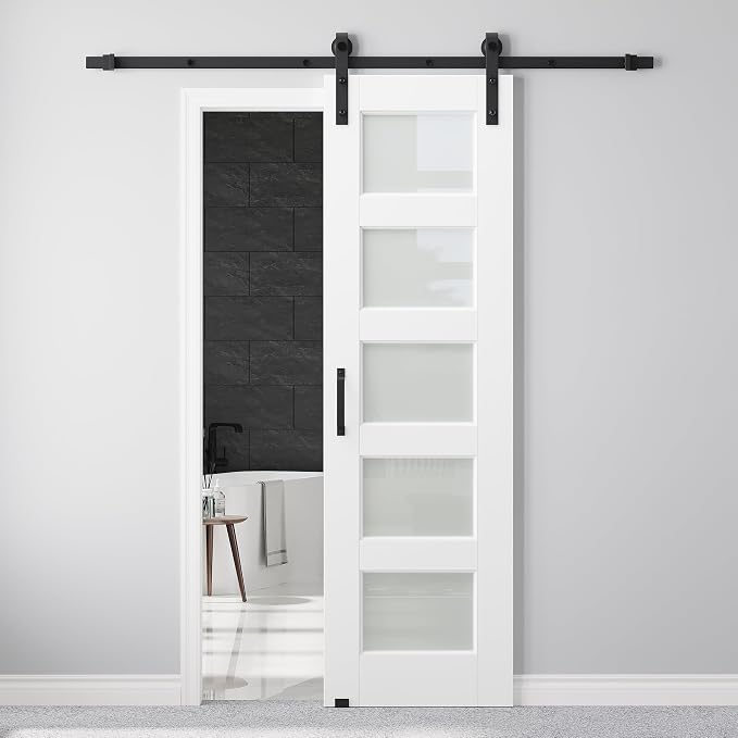 24" x 80" Pre-Assembled Sliding Barn Doors and 6FT Sliding Door Hardware Kit Included & Handle, 5-Lites Frosted Glass Barn Door for Closet Bathroom Bedroom, Solid & Water-Resistant MDF, Paintable