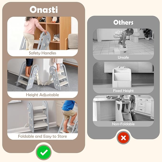 Onasti Adjustable Toddler Step Stool with Handles, Converts from 3-Step to 2-Step as Kids Grow, Non-Slip Safety Stool for Bathroom Sink, Kitchen Counter, Potty Training and Everyday Household Use-Grey