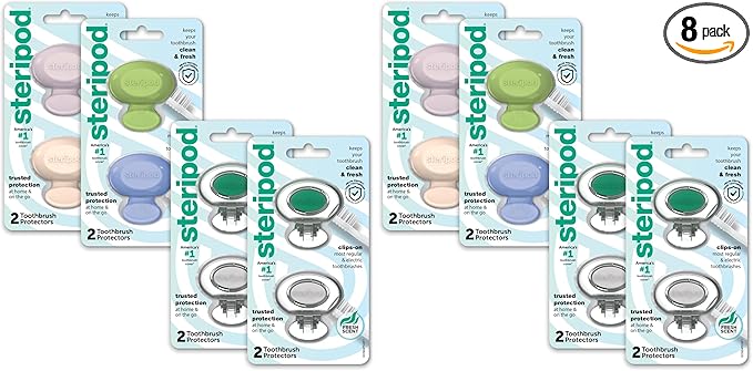 Steripod Clip-On Toothbrush Protector Exclusive Multi Color,2 Count (Pack of 8)