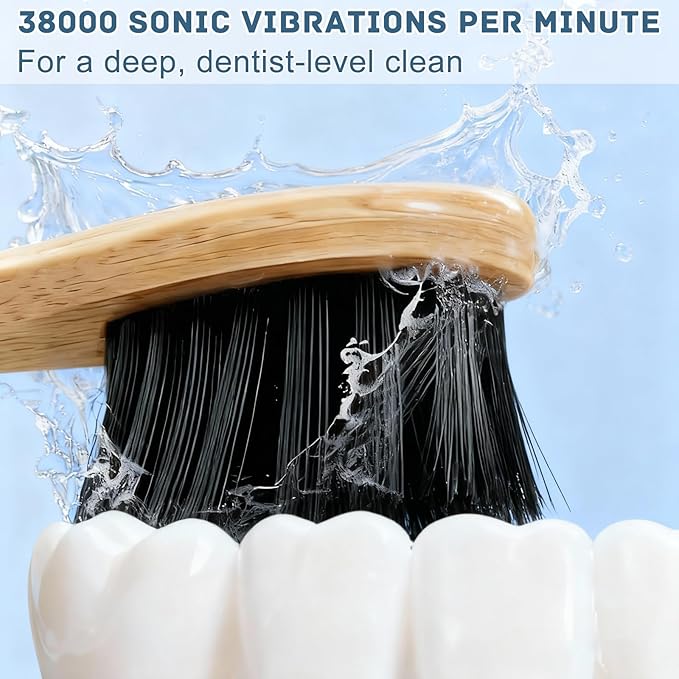 Sonic Electric Toothbrush with Bamboo Heads, Bamboo Electric Toothbrush for Adults, Smart Timer,Sonic Technology 38000 VPM, 4 Replacement Heads, 5 Modes, IPX7 Waterproof, 80-Day Battery Life