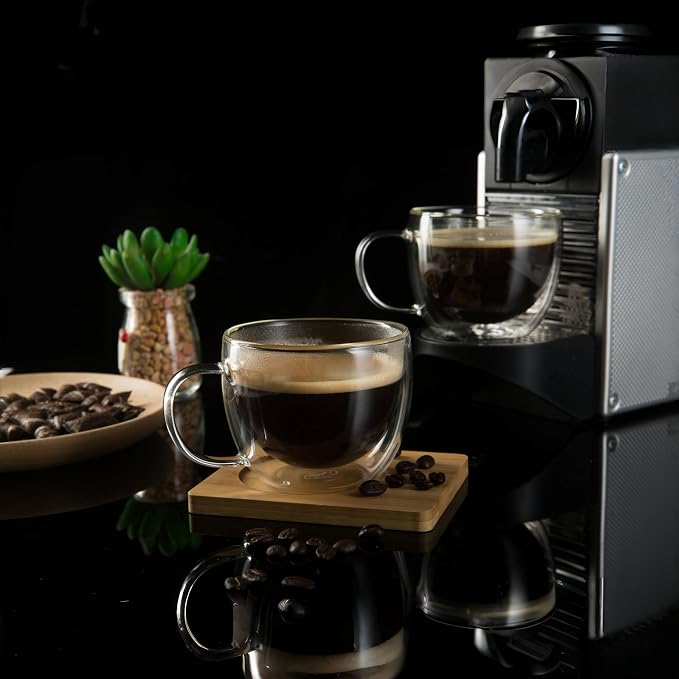 CNGLASS 8oz Double Wall Glass Coffee Mugs,Clear Insulated Espresso Glass Mugs with Handle for Latte,Cappuccino,Coffee,Set of 4