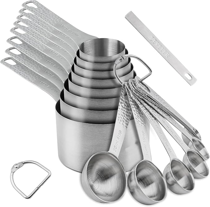 Measuring Cups and Spoons Set, 18 Piece 18/8 Stainless Steel Measuring Cups and Spoons Set for Dry & Liquid, Metric & US Metal 8Measure Cup and 9 Spoon & Leveler for Baking & Kitchen