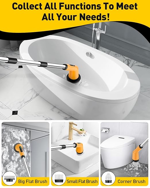 Electric Spin Scrubber for Cleaning Bathroom, Shower Scrubber Cordless Cleaning Brush with IPX7 Waterproof & 2 Speed, 3 Brush Heads, Bathroom Cleaning Supplies for Shower Tub Yellow