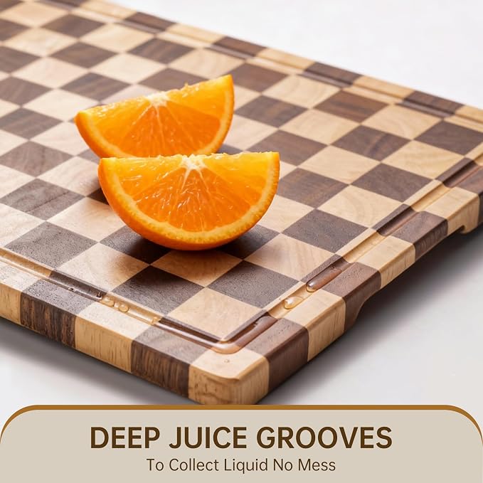 Checkered Cutting Board, Wooden Cutting Boards for Kitchen | Acacia Wood Cutting Board with Handle & Juice Grooves, Small Charcuterie Boards with Gift Box, 14" X 11" X 0.8"