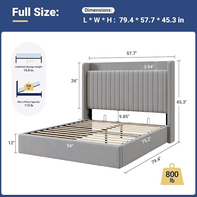 Allewie Full Lift Up Storage Hydraulic Bed Frame,Charging Station,Grey | Storage Shelf Headboard with Charging Station,Type-C,USB Ports,Hydraulic Support,Velvet Upholstered,No Box Spring Needed