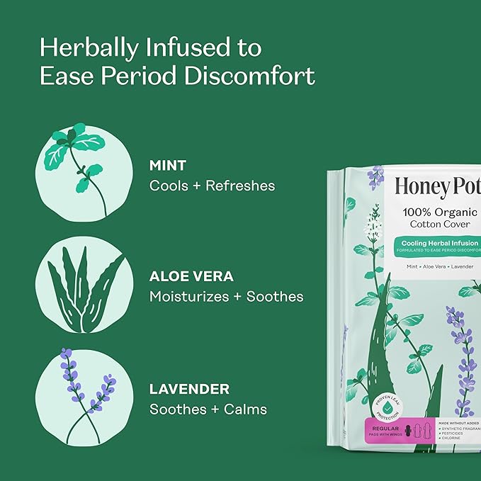 Honey Pot - Herbal Sanitary Pads for Women - Regular Flow w/Wings - Infused w/Essential Oils for Cooling Effect & Organic Cotton Cover – Medium Pack - Feminine Care - 32 ct