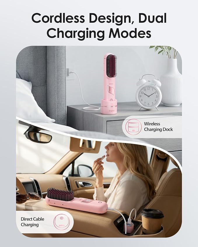 Cordless Hair Straightener Brush with Charging Dock, Portable Travel Hair Straightening Brush with 300M Negative Ions, 10,000mAh Battery, Fast Heating Anti-Frizz Ionic Styling Comb for Women