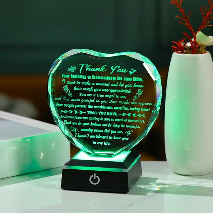 Arikyrist Thank You Gifts for Women Men Heart Shaped Crystal Plaque with LED Light Base Appreciation Gifts for Teacher Nurse Doctor Coworker Boss Inspirational Home Desk Decor