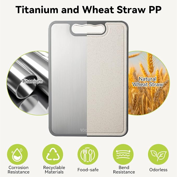 1PC Titanium Cutting Boards for Kitchen Chopping Board Double Sided | Cutting Board Set Food Grade 100% Pure Titanium & Wheat Straw PP Cutting Board Easy to Clean [15"x10.4"]