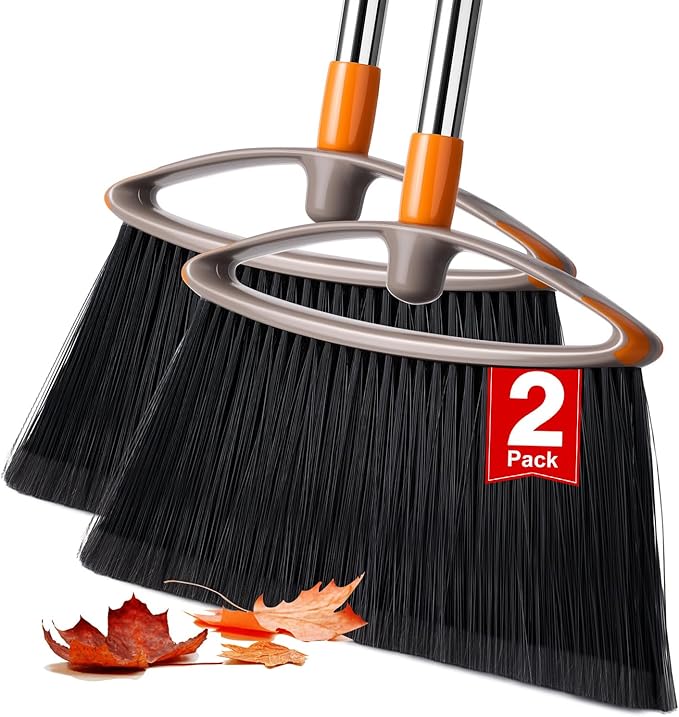 2 Pack Soft Bristle Broom for Pet Hair, Heavy Duty Collapsible Sweeping Broom for Indoor Hardwood Floors, Outdoor Deck, Kitchen, Patio, Stainless Steel Handle, Gray
